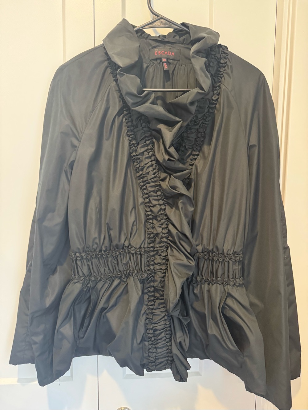 Escada Black Ruffled Satin Blazer Jacket